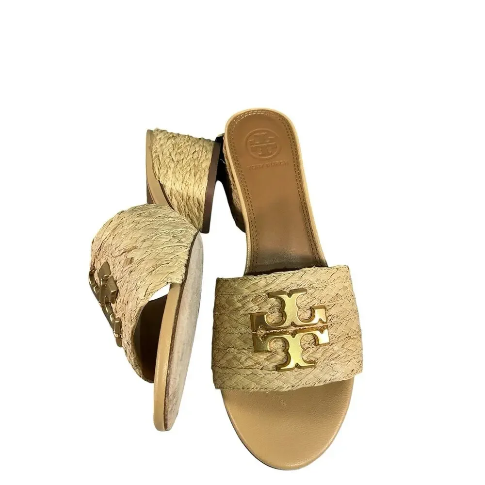 Tory Burch Everly Leather Heel Block Sandal- Raffia Material Size 6M - Picture 7 of 10